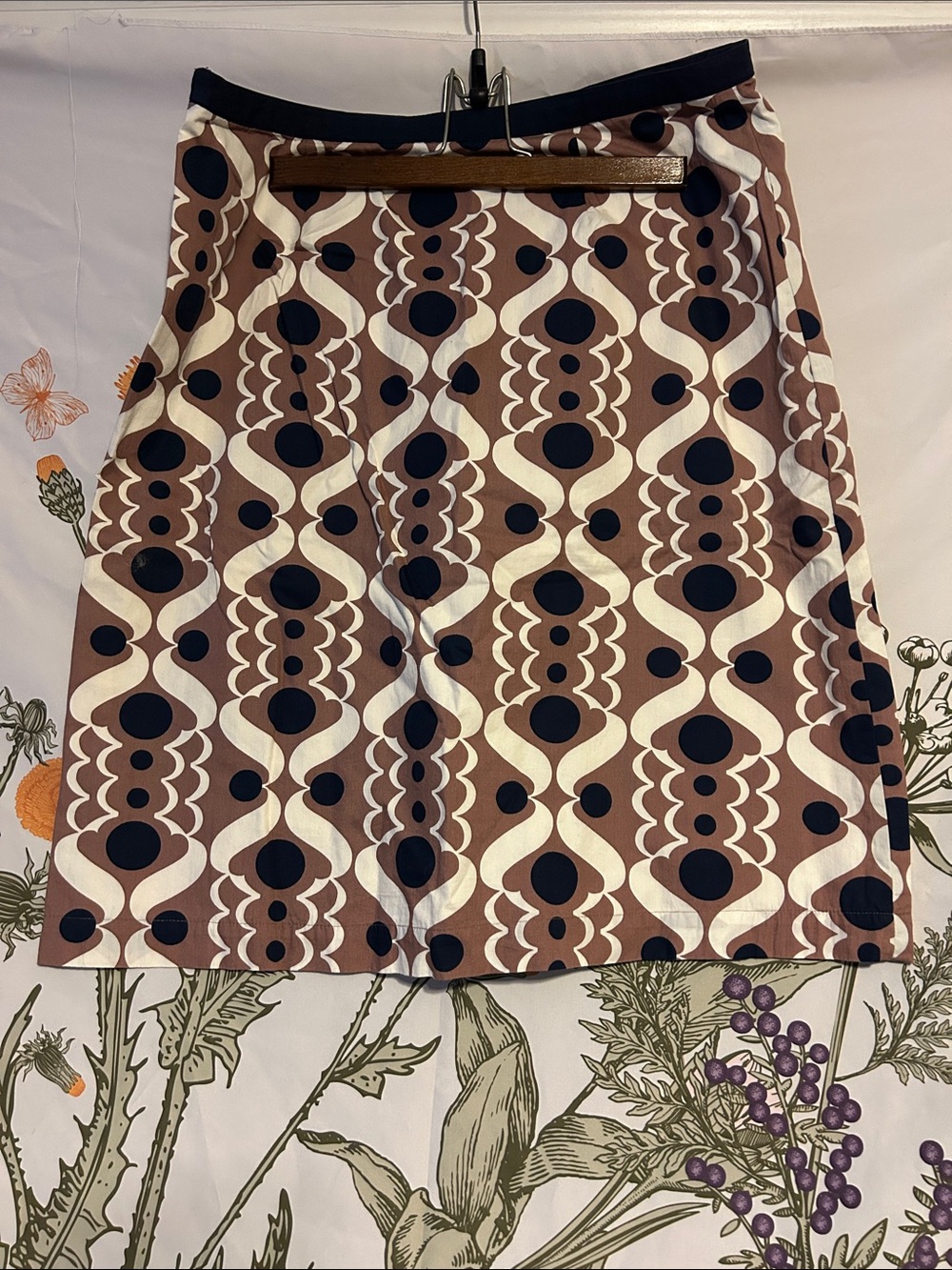 Boden Women's Geometric A-Line Skirt in Brown and Navy. Knee length.